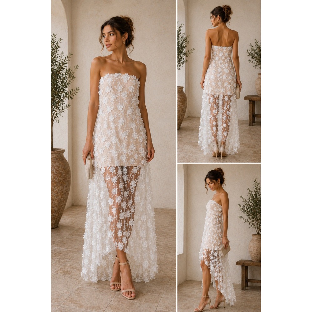 Helsi Athena White 3D Floral Lace Strapless High Low Maxi Dress Nude Lining S